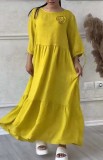 Women's Round Neck Pleated Long Sleeve Drawstring Back Tie Solid Color Casual Loose Dress