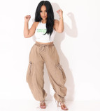 Women Casual Pleated Lace Elastic Waist Denim Harem Pants