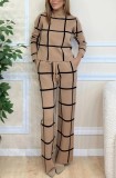 Women Casual Long Sleeve Plaid Print Top and Drawstring Wide Leg Pants Two Piece Set