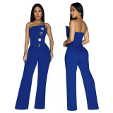 Solid Color Strapless Irregular Loose Wide-Leg Jumpsuit