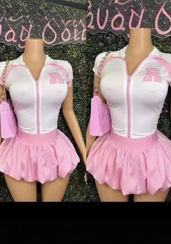 American Style Zipper Short Sleeve T-Shirt Women's Chic Pure Sexy Skirt Set