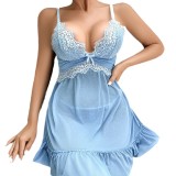 Blue Sexy Lace Strap See-Through Mesh Erotic Lingerie Women Nightdress