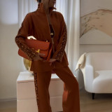 Autumn Fashion Contrast Color Drawstring Elastic Top Casual Pants Two Piece Set