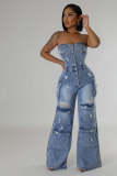 Women Casual Strapless Cargo Denim Jumpsuit