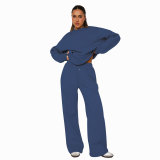 Women Solid long-sleeved Round Neck Top and wide-leg pants Two Piece Set