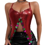 Christmas Halloween Costume Nightclub Strap Sexy Low Back Sequined Diamond Top