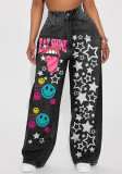 Hip Hop Style High Waist Washed Print Non-Elastic Wide Leg Denim Pants