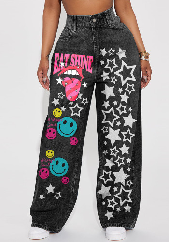 Hip Hop Style High Waist Washed Print Non-Elastic Wide Leg Denim Pants