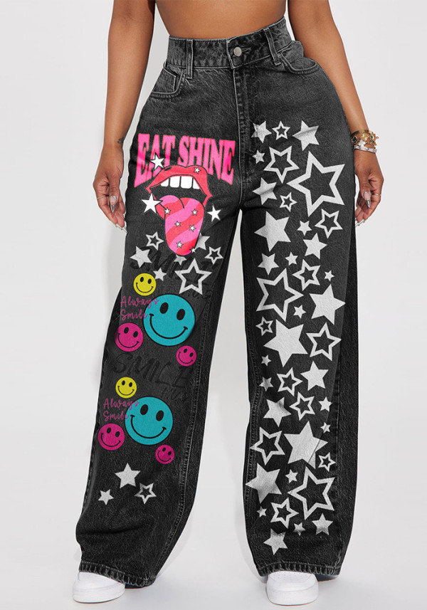 Hip Hop Style High Waist Washed Print Non-Elastic Wide Leg Denim Pants