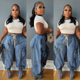 Women Casual Pleated Lace Elastic Waist Denim Harem Pants