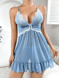 Blue Sexy Lace Strap See-Through Mesh Erotic Lingerie Women Nightdress