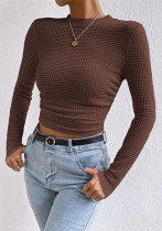 Women Long Sleeve Plaid Pleated T-Shirt