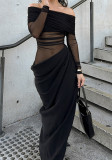 Women Summer Off Shoulder Long Sleeve Cut Out Patchwork Dress