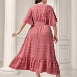 Plus Size Women V-Neck Lace-Up Short Sleeve Maxi Dress