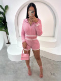 Women Contrast Color Turndown Collar Sweater Shorts Two Piece Set