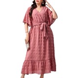 Plus Size Women V-Neck Lace-Up Short Sleeve Maxi Dress