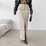 Women Slit Solid Pu-Leather Skirt