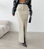 Women Slit Solid Pu-Leather Skirt