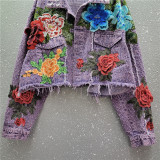 Women Spring Floral Raw Edge Casual Denim Jacket