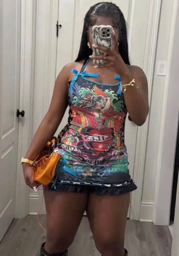 Women Printed Drawstring Halter Neck Bow Dress