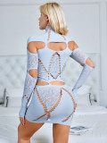 Women Solid High Neck Patchwork Ripped Long Sleeve Dress