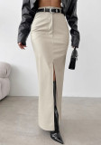 Women Slit Solid Pu-Leather Skirt