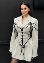 Women Fashion Turndown Collar Long Sleeve Bandage Waist Blazer Set