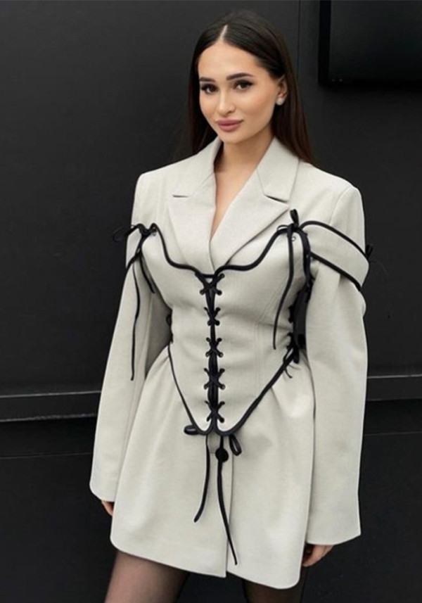 Women Fashion Turndown Collar Long Sleeve Bandage Waist Blazer Set