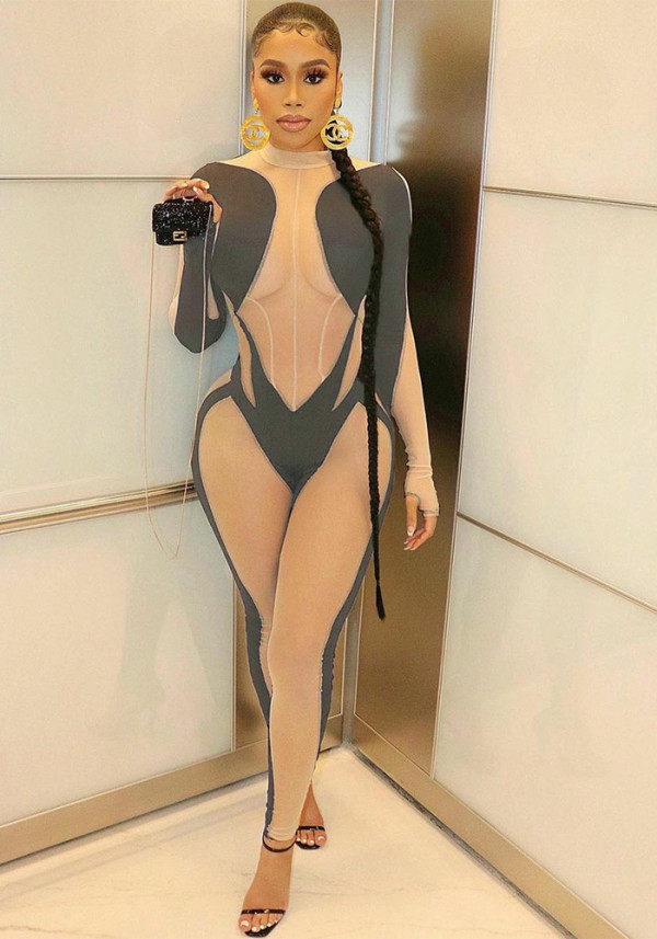 Women Summer Patchwork Mesh See-Through Jumpsuit