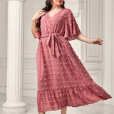 Plus Size Women V-Neck Lace-Up Short Sleeve Maxi Dress