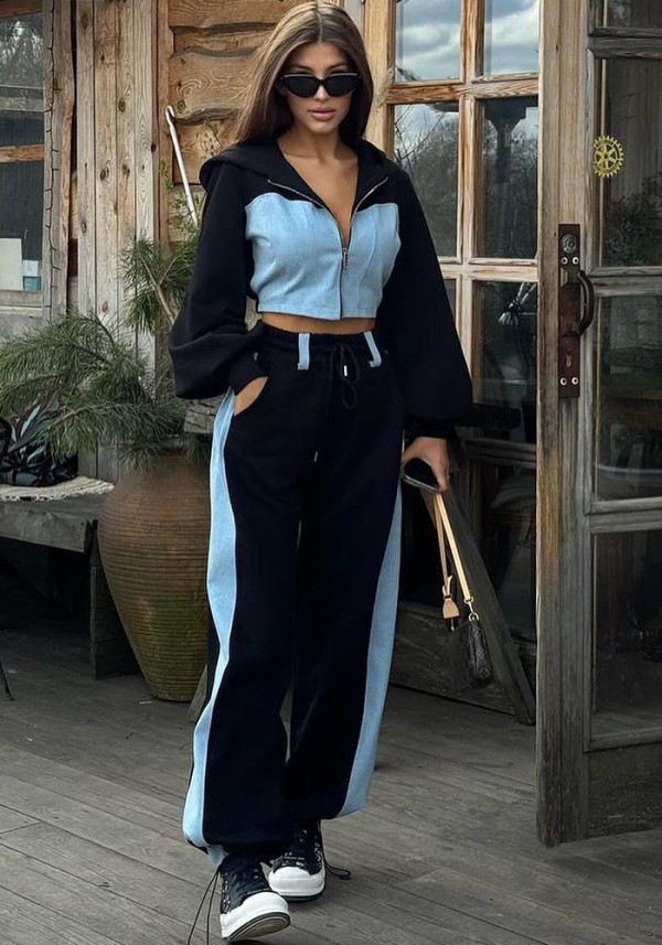 Women Casual Denim Patchwork Hooded Top Pants Two Piece Set