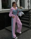 Women Casual Denim Patchwork Hooded Top Pants Two Piece Set