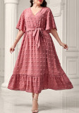 Plus Size Women V-Neck Lace-Up Short Sleeve Maxi Dress