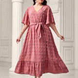 Plus Size Women V-Neck Lace-Up Short Sleeve Maxi Dress