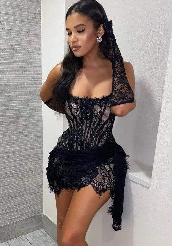 Women Fishbone Strapless Lace Pleated Mini Dress