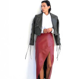 Women Fall Slit Irregular Pu-Leather Skirt