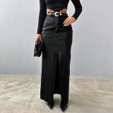 Women Slit Solid Pu-Leather Skirt