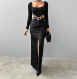 Women Slit Solid Pu-Leather Skirt