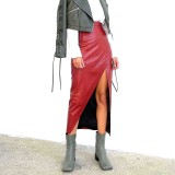Women Fall Slit Irregular Pu-Leather Skirt