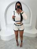 Women Contrast Color Turndown Collar Sweater Shorts Two Piece Set