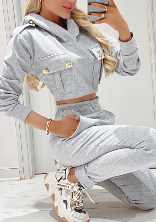 Women Gray Casual Hoodies and Pant Two Piece Set