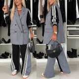 Women Long Sleeve Patchwork Double Breasted Blazer Suit Two Piece