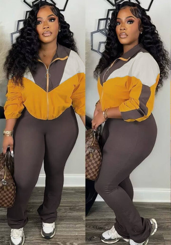 Autumn Winter Women's Fashion Contrast Color Zipper Two Piece Tracksuit