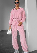 Pink Fashion Sports Suit Autumn Winter Zipper Turndown Collar Two-Piece Women Pants Set