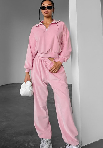 Pink Fashion Sports Suit Autumn Winter Zipper Turndown Collar Two-Piece Women Pants Set