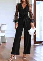 Fashion V-Neck Lace Long-Sleeved  Belt Straight Leg Jumpsuit Elegant Women's Clothing