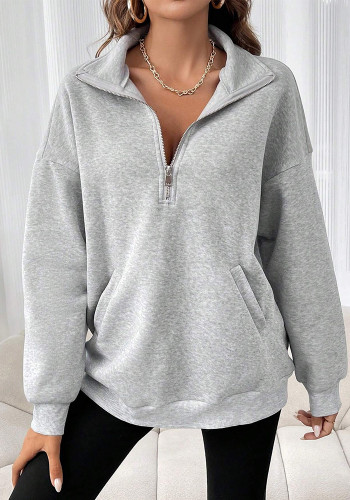 Autumn Winter Fashion Zipper Turndown Collar Solid Color Casual Women Top