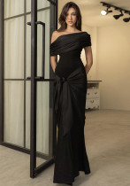 One Shoulder Mesh Ribbon Chic Slim Fit Black Long Dress