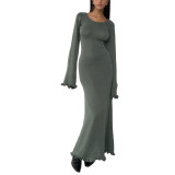Solid Color Ruffle Low Back Women Knitting Long Dress