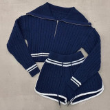 Women Contrast Color Turndown Collar Sweater Shorts Two Piece Set